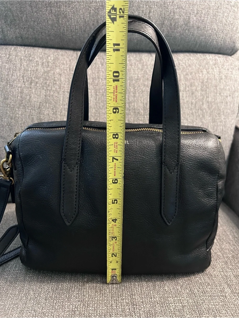 Fossil Sydney Black Leather Satchel Bag with Crossbody Strap & gold hardware